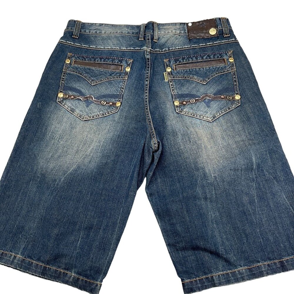 Parish Shorts Men 36W x 14L‎ Blue Stonewash Button Fly Leather High Rise Denim